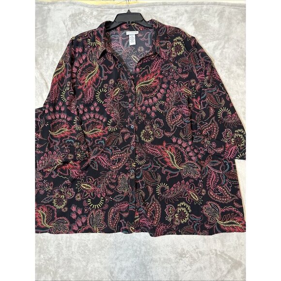 Women’s Catherines Button Up Paisley 3/4 Roll Tab Sleeves Multicolored plus 3X - Picture 7 of 13